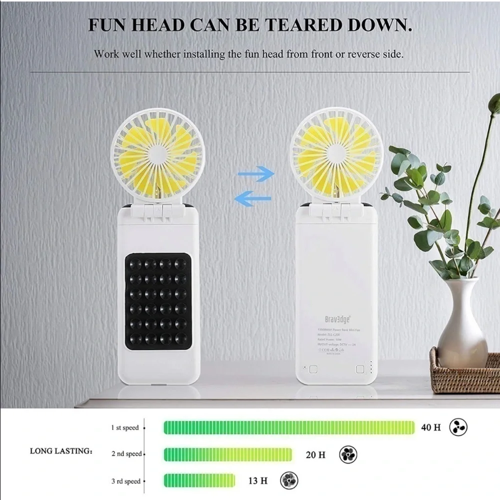 2-in-1 Portable Fan + Power Bank, 10000mAh Battery